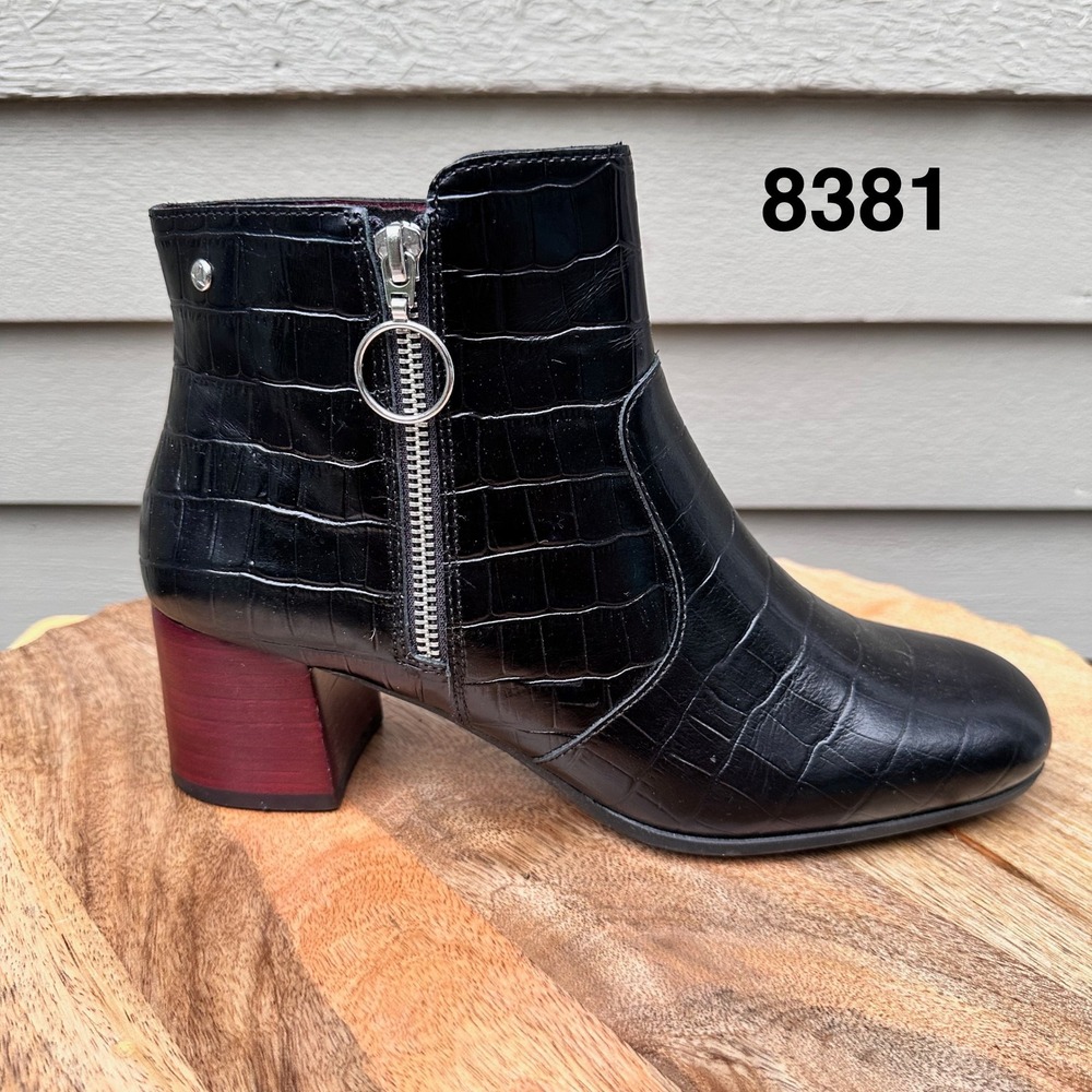 Pikolinos Black Croc Embossed Leather Ankle Boots Burgundy Block Heel 40